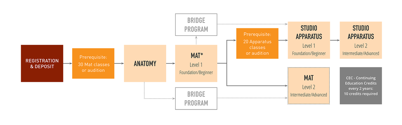 Flowchart depicting a progression from "Registration & Deposit" to "Studio Apparatus" levels, with prerequisites in "Anatomy" and "MAT" steps. Includes bridge programs and continuing education.